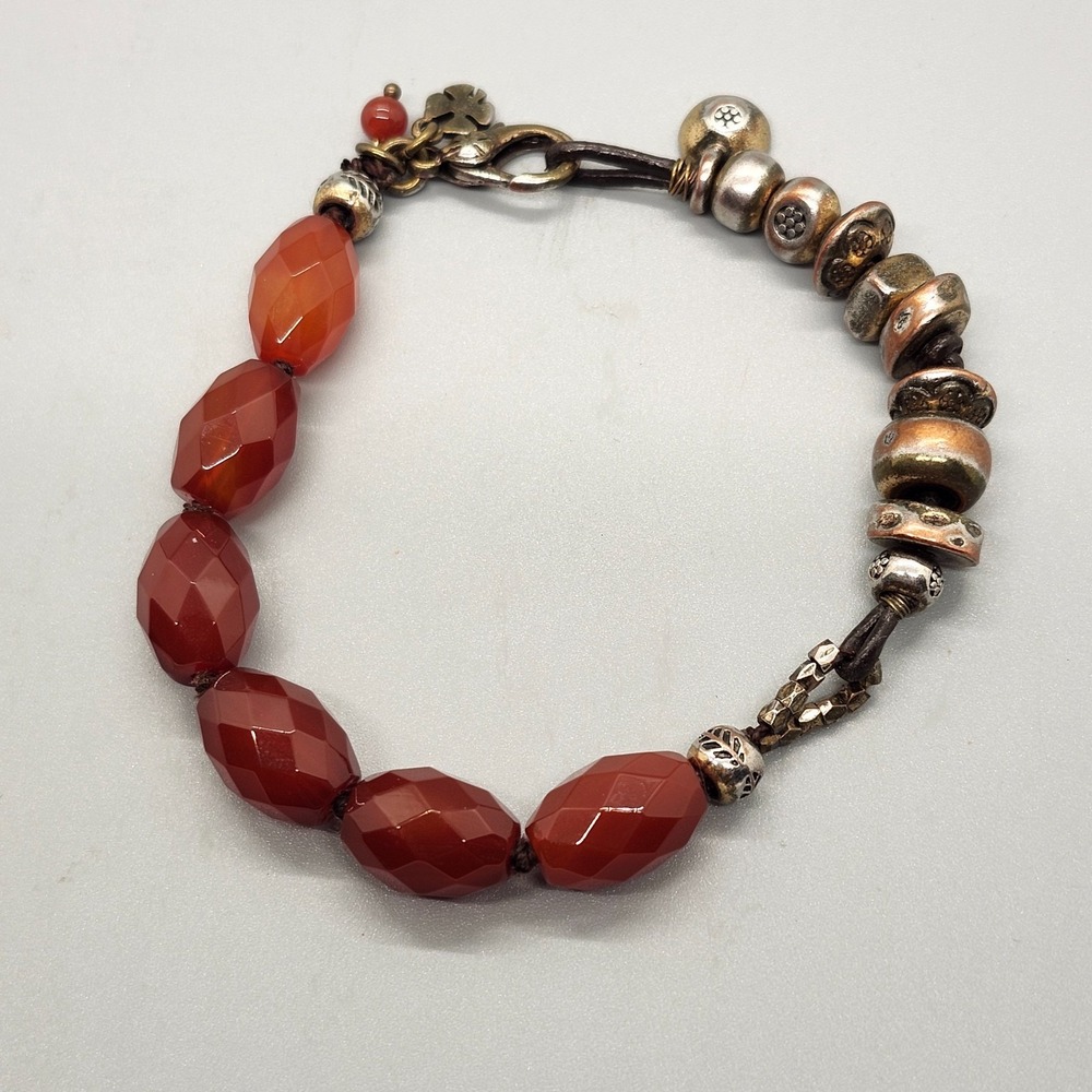 Boho Beaded Bracelet Orange Silver Tone Clovers Flowers Etched Engraved